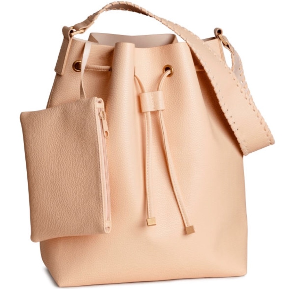 NWT H&M Drawstring Shoulder Bag Beige Pink Bucket